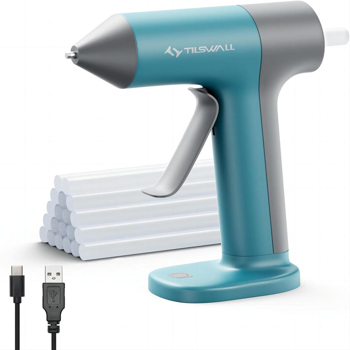 Tilswall Pistolet à colle sans fil, 20 bâtons de colle, bleu